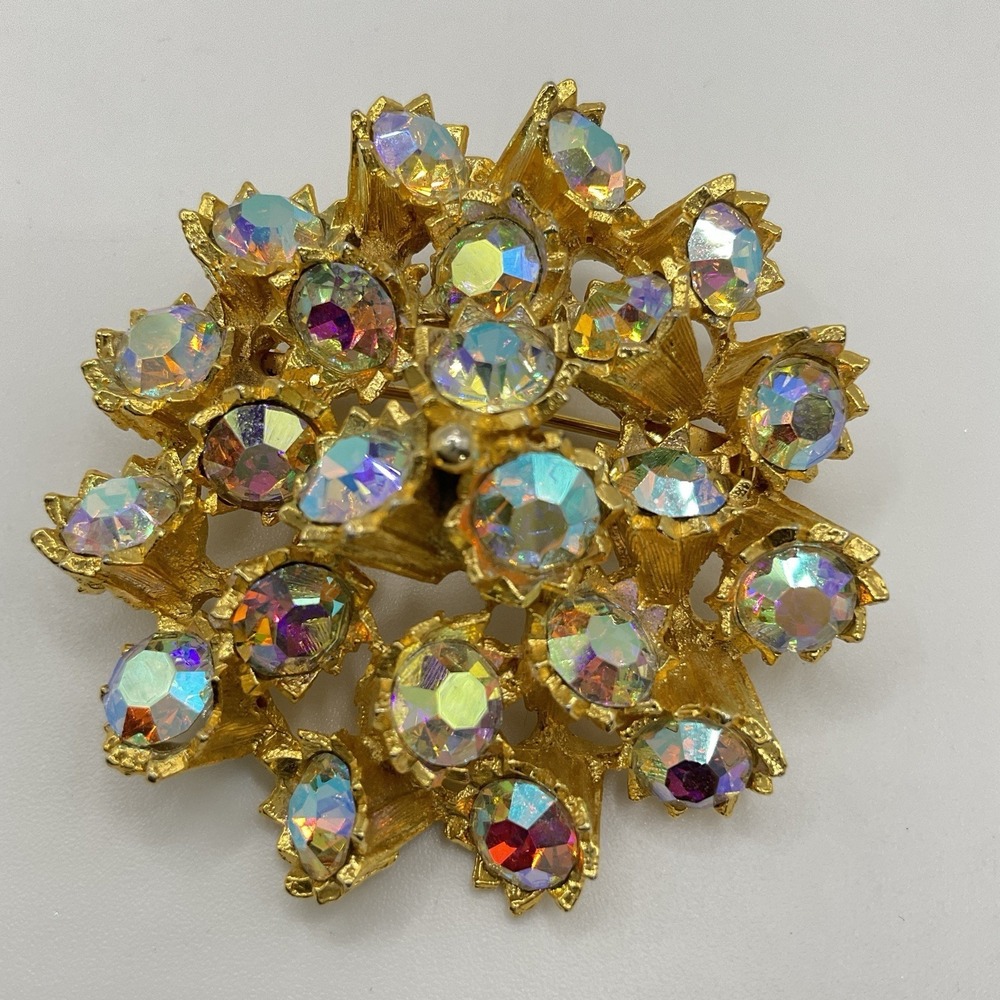 WEISS Vintage Brooch AB Rhinestone Gold Tone 2" Large Pin